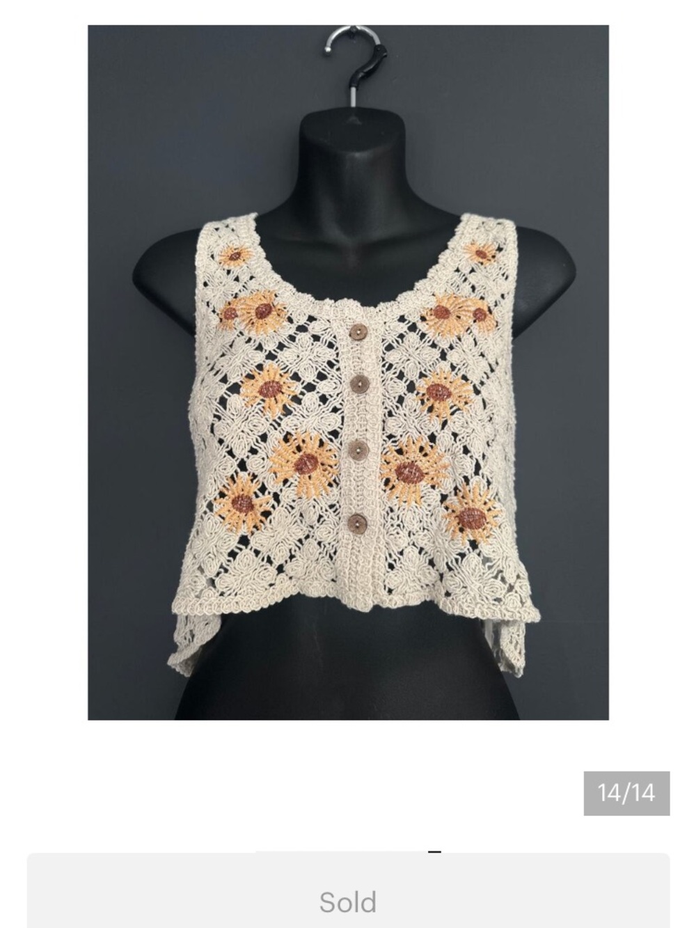 Rebellion Crochet Button Sunflower Cropped Boho Festival Vest Top Size Large